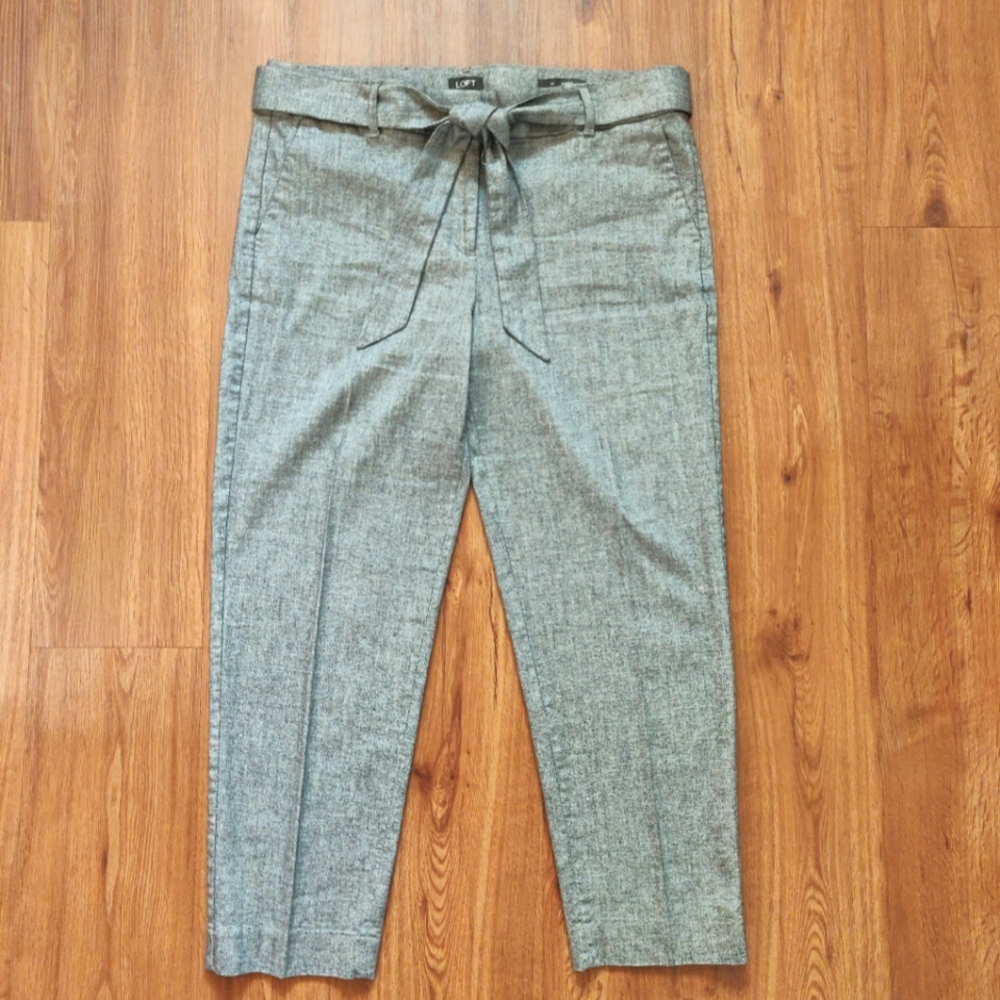 New! LOFT tie waist linen blend charcoal Marissa ankle pants 14